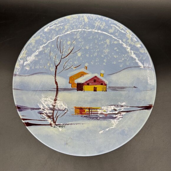 Vintage Wall Hanging Plate Italian Pottery Winter Blue Snow Cabin Lake Italy - Picture 2 of 10